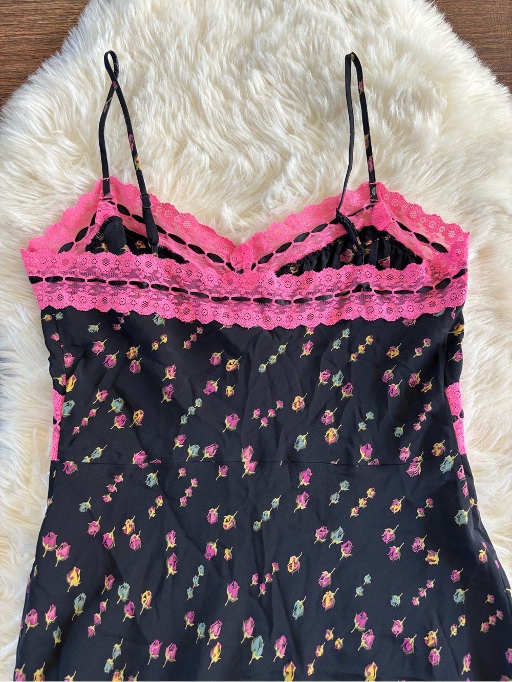 Vintage Betsey Johnson Y2K Silk Floral Maxi Gown Pink Lace Trim Size: 8 - Picture 12 of 15